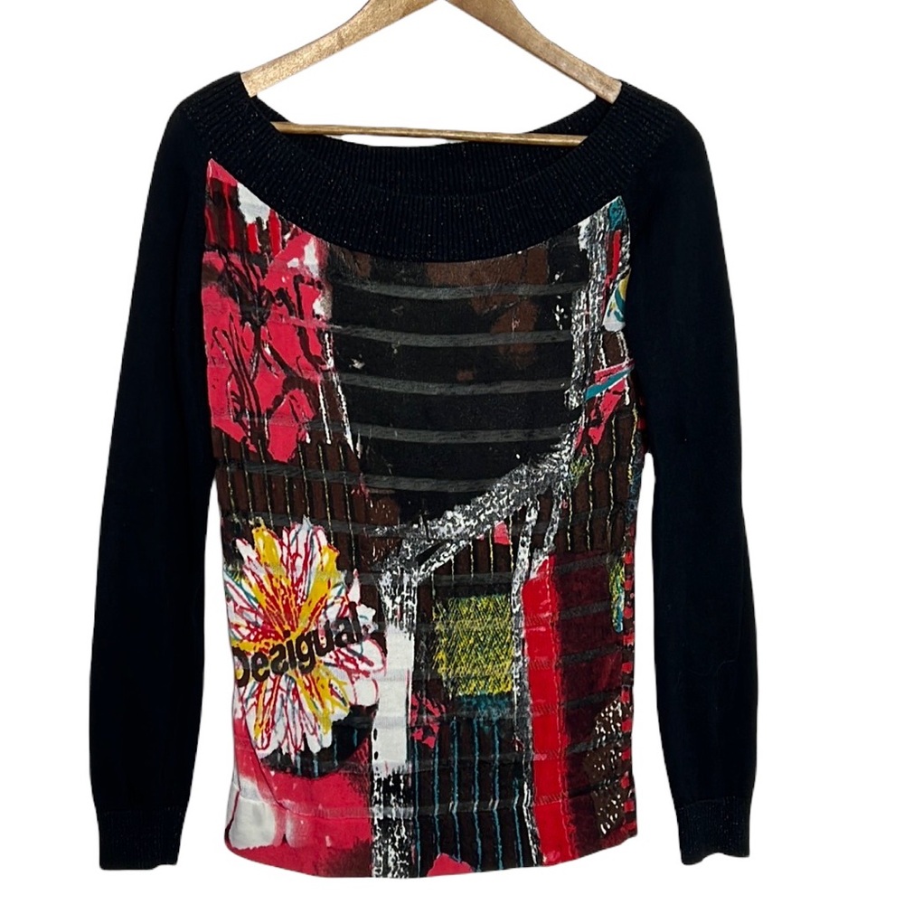 Desigual Dream.. Off The Shoulder Sheer Strip Graphic Sweater SZ L